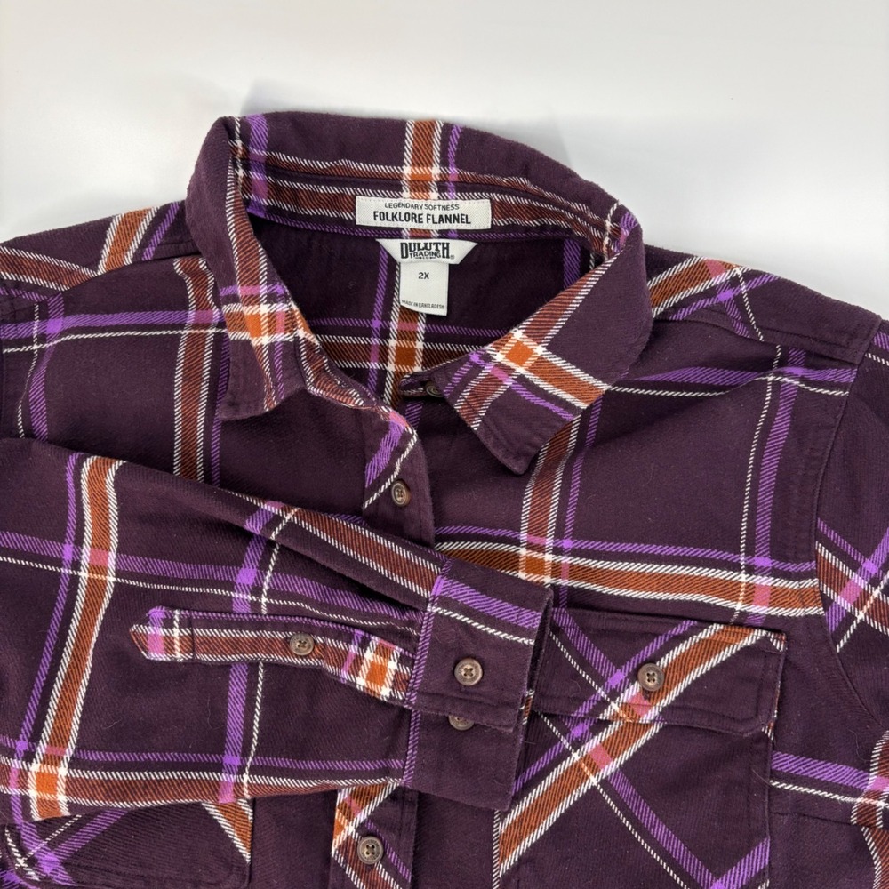 Duluth Trading Co Folklore Flannel Shirt Womens 2X Purple Plaid Button Down Top